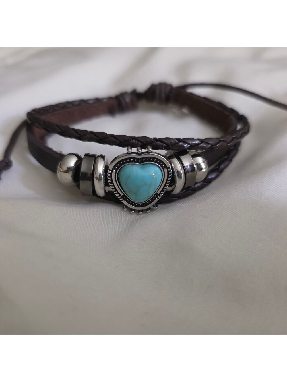 Brown Leather Bracelet with Turquoise Heart Charm Adjustable